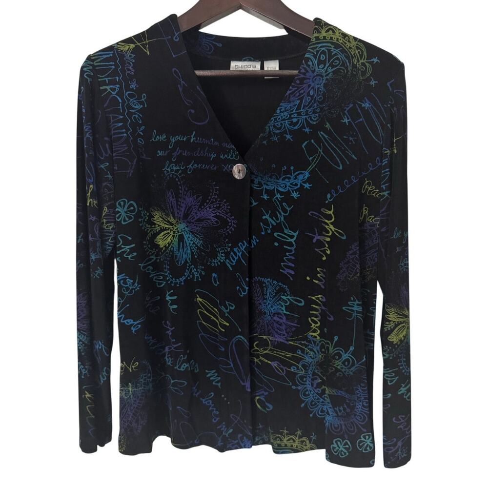 Chico's Travelers Black Long Sleeve Happiness Love Peace One Button Cardigan Lg1